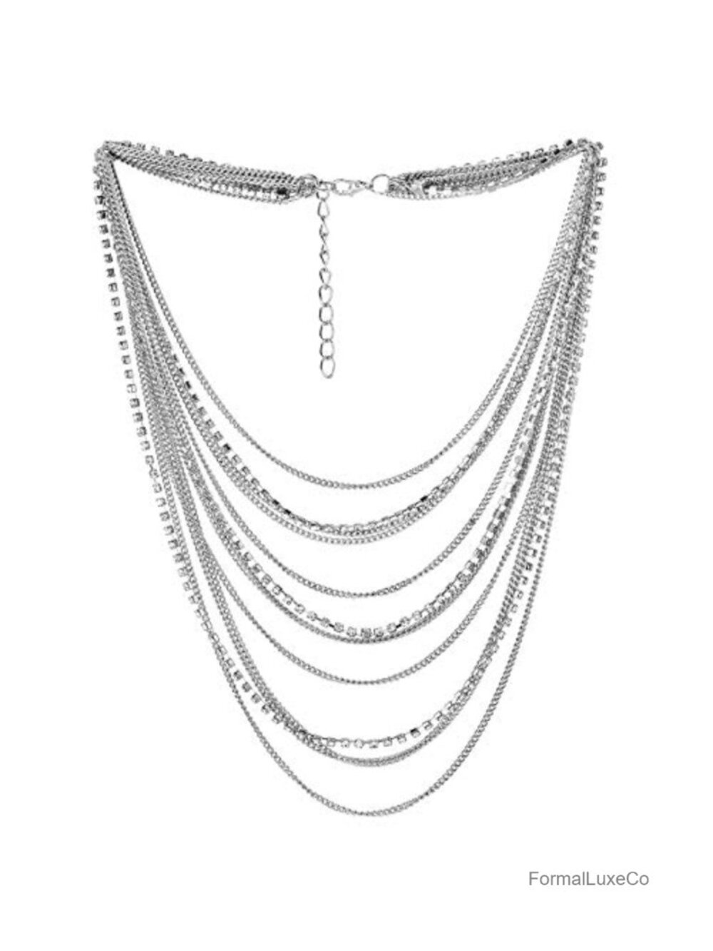 Waterfall Multi-Strand Chain Statement Collar Necklace with Rhinestones for